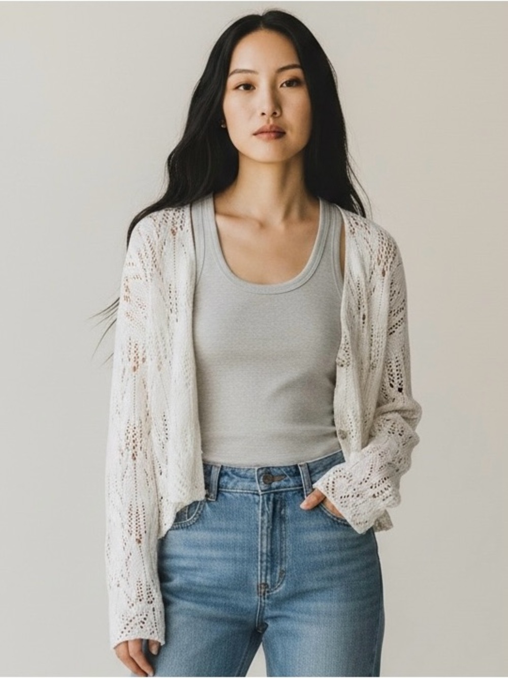 T.W.H. Ivory Open-Knit Crochet Cardigan Sweater Women’s S